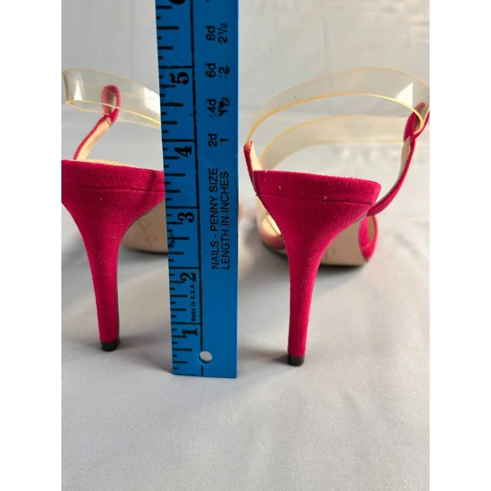 Jessica Simpson Women Heels Pumps Red Suede Pointed Toe Stiletto Clear Strap SZ6